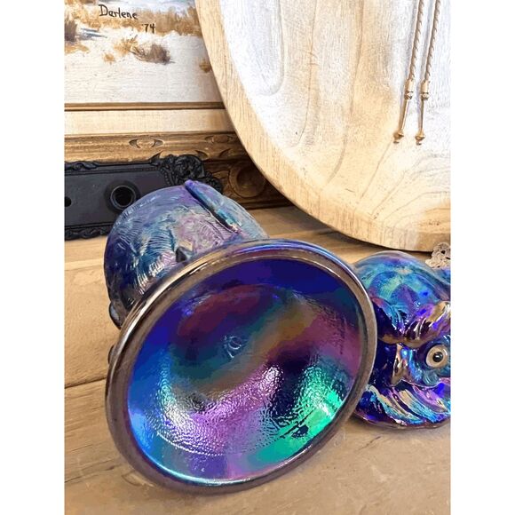 Vintage Owl Toby Jar Cobalt Blue Carnival Glass Imperial Glass Mould by Mosser G - Picture 6 of 7